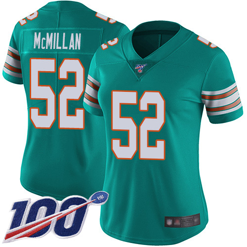 Nike Miami Dolphins #52 Raekwon McMillan Aqua Green Alternate Women Stitched NFL 100th Season Vapor Limited Jersey
